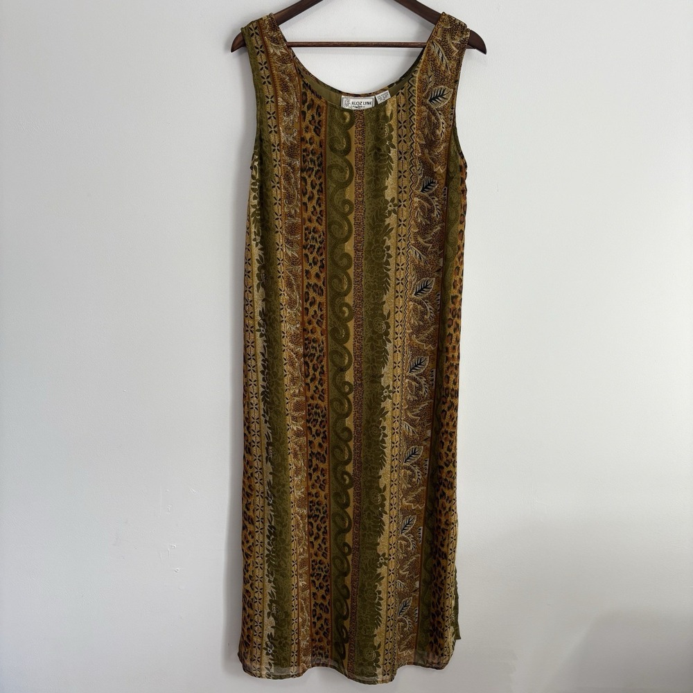 Kloz Lyne Vintage 90s Sleeveless Maxi Dress Size M Bohemian Cheetah Print Floral